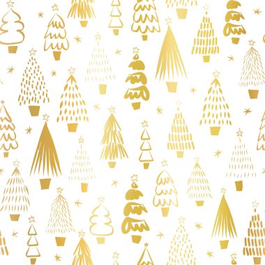 Beyaz, pürüzsüz vektör desenli altın folyo, metalik Noel ağaçları. Modern altın soyut karalama tatil geçmişi. Hediye paketi, kart, dekor, hatıra defteri için zarif bir Noel karikatürü.