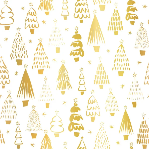 Folha de ouro metálico árvores de Natal em padrão vetorial sem costura branco. Moderno dourado abstrato rabiscar fundo feriado. Desenho elegante desenho animado design de Natal para embrulho de presente, cartões, decoração, scrapbooking —  Vetores de Stock