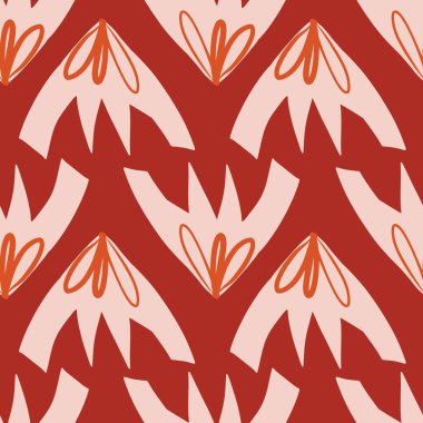 Soyut geometrik şekillere sahip çağdaş, pürüzsüz arka plan. Çiçek stilize edilmiş yapraklar tekrarlanan desenler. Modern kolaj tarzı zig zag arkaplan. Kırmızıda pembe. Yüzey deseni tasarımı