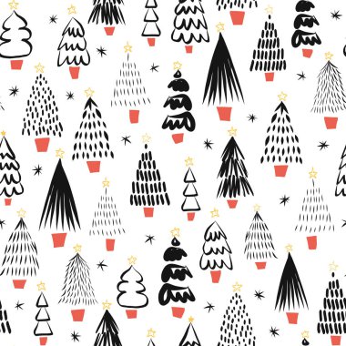Soyut karalama Noel ağaçları, beyaz, pürüzsüz vektör deseninde siyahtır. Modern tatil arka plan monokromu. Kumaş, hediye paketi, tebrik kartı, dekor, hatıra defteri için çizim çizimi