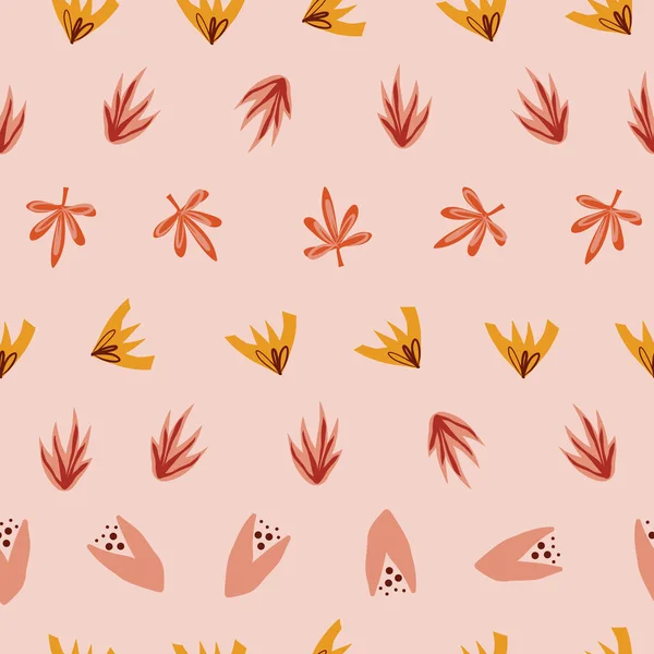 Abstract gestileerde bladeren naadloze vector doodle achtergrond rood oranje geel roze. Bloemen en bladeren herhalen patroon in de herfst kleuren. Gebruik voor oppervlakte patroon ontwerp, stof, Thanksgiving, home decor — Stockvector