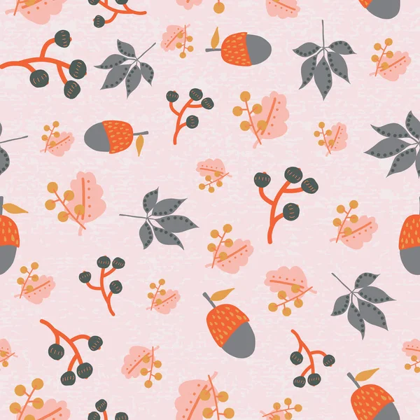 Verstreute Herbstblätter Beeren Eichel nahtlosen Vektorhintergrund. abstraktes Herbstmuster rosa orange grau. sich wiederholende Textur scandi Fallblatt. Der saisonale Herbst. für Stoff, Danksagung, Digitalpapier — Stockvektor