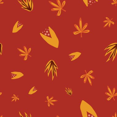 Soyut sonbahar çiçekleri, kusursuz vektör karalama arka plan kırmızı turuncu. Çiçekler ve yapraklar sonbahar renklerinde tekrar eden desenler. Yüzey desenleri, kumaş, Şükran Günü, ev dekorasyonu, hediye paketi için kullan