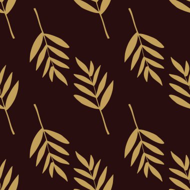 Eğreltiotu olan kusursuz vektör deseni siyah zeminde altın rengi kahverengi bırakır. Sarı hardal, yaprak siluetleri. Kumaş, yatak, duvar kağıdı, ambalaj için zarif retro tasarımı