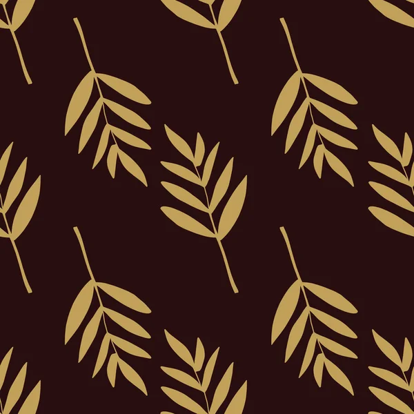 Modèle vectoriel sans couture avec des feuilles de fougère brun or sur fond noir. Moutarde jaune feuilles pennées silhouettes fond. Design rétro élégant pour tissu, literie, papier peint, emballage — Image vectorielle