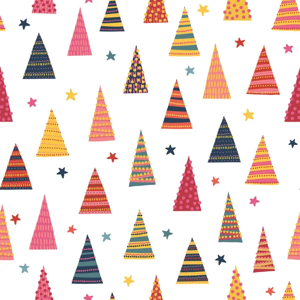 Arbres de Noël colorés abstraits fond vectoriel sans couture. Décoration dessinée à la main répétant motif de vacances d'hiver pour la décoration de vacances, cartes de vœux, scrapbooking numérique, décoration pour enfants, emballage cadeau — Image vectorielle