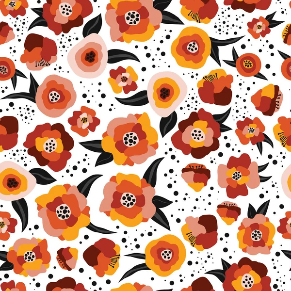 Abstract estilizado flores do outono e folhas sem costura vetor doodle fundo rosa laranja vermelho preto. Natureza padrão de repetição em cores de outono. Estilo escandinavo plano. Para tecidos, papel de parede —  Vetores de Stock