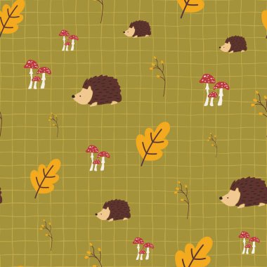 Sonbahar çocuklarının vektör geçmişi. Kirpi mantarı, meşe palamudu, dikişsiz vektör deseni. İskandinav çocuklar doğa geçmişi tasarlıyorlar. Kumaş baskısı, dijital kağıt, ambalaj, çocuk modası