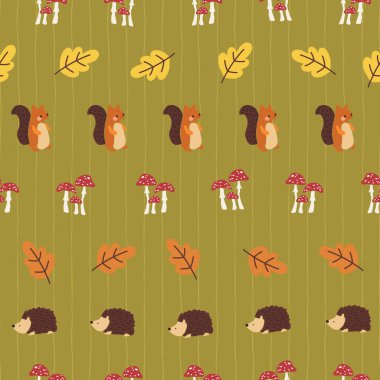 Sincap kirpisi mantarı güz yapraksız vektör deseni. İskandinav çocuklar doğa tasarımı konusunda düşüyorlar. Kumaş baskısı, dijital yapıştırma kitabı, ambalaj, çocuk modası