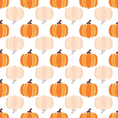 Sonbahar portakal kabakları beyaz arka plana yansıyor. Vektör kusursuz desen. Cadılar Bayramı illüstrasyonu. Ekim hasadı. Organik sebze yemeği. Doğa tasarımı. Şükran Günü. Sonbahar sezonu