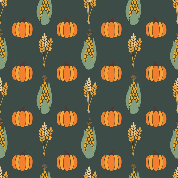 Herfst Maïs plant, gewas en pompoenen op donkergroene achtergrond naadloos herhalende vector patroon. Vallen oogsten. Voor Thanksgiving, inpakpapier, stof, decor, kaarten, digitaal papier, scrapbooking — Stockvector