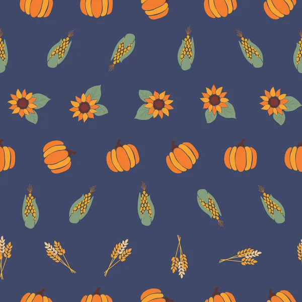 Herfst Zonnebloemen, pompoenen, maïs plant, tarwe, gewas op blauwe achtergrond. Naadloos herhalend vectorpatroon. Vallen, oogsten. Gebruik voor Thanksgiving, inpakpapier, stof, herfstdecor, kaarten — Stockvector