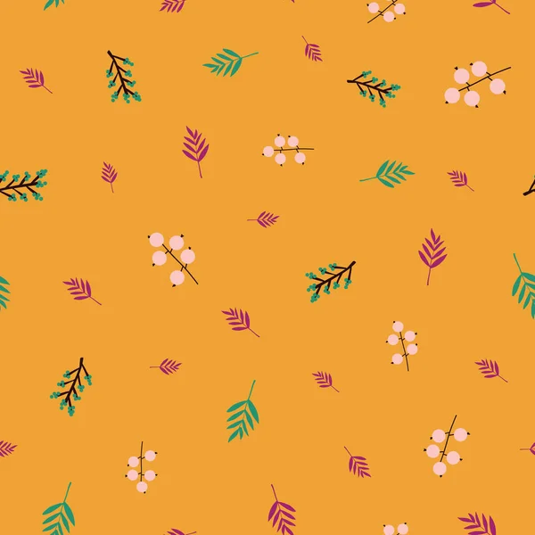 Automne abstrait doodle baies et feuilles motif vectoriel sans couture violet moutarde orange rose sarcelle. Fleurs et feuilles répétant le fond dans les couleurs de l'automne. Pour la conception de surface, tissu, Thanksgiving — Image vectorielle