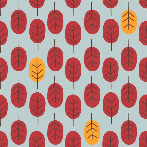 Forêt d'automne abstraite sans couture avec des feuilles rouges et jaunes illustration dans le style plat bande dessinée à la mode. Style rétro design scandinave pour l'automne . — Image vectorielle