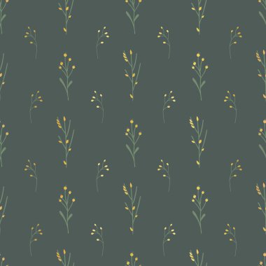 Altın çiçeklerin kusursuz vektör arkaplanı. Altın soyut kır çiçeği otları koyu yeşil arka planda şekillenir. Kumaş, dijital kağıt, kartlar, ev dekorasyonu, Şükran Günü, ambalaj için zarif desen