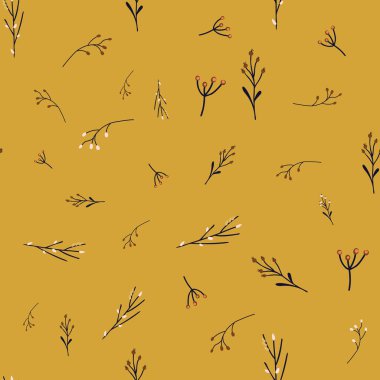 Altın sarısı, pürüzsüz vektör doğa arka planında soyut siyah çiçekler var. Stilize olmuş kır çiçeği otları sonbahar düzenini şekillendirir. Kumaş, dijital kağıt, ev dekorasyonu, Şükran Günü