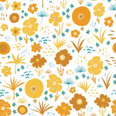Turuncu Sarı Teal Güz çiçekleri İskandinav tarzı kusursuz vektör deseni. Düzleştirilmiş çiçekler ve tekrar eden arka planlar. Kumaş, yüzey dekorasyonu, sonbahar dekorasyonu, Şükran Günü için.