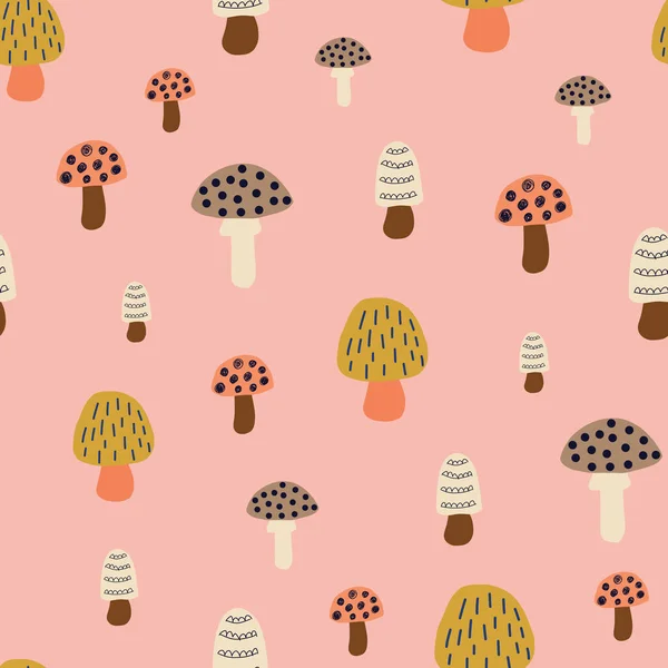 Pilz nahtloses Vektormuster. moderne Doodle Hintergrund handgezeichnete Pilz Natur Illustration in rosa weißbraunem Gold. für Kinderstoff, Herbstdekoration, Dankkarte, Oberflächenmustergestaltung — Stockvektor