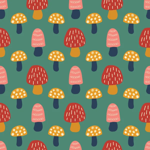 Doodle Pilz nahtlose Vektormuster. Moderne handgezeichnete Pilz-Natur-Illustration im Hintergrund in rosa rotgoldgrün. für Kinderstoff, Herbstdekoration, Dankkarte, Oberflächenmustergestaltung — Stockvektor