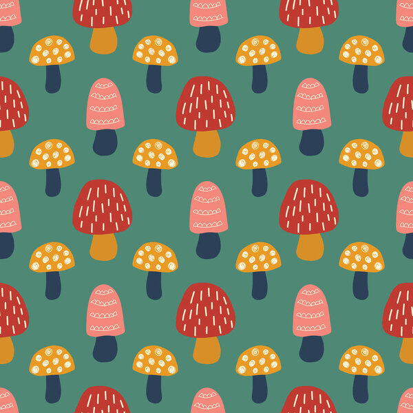 Doodle Mushroom seamless vector pattern. Modern background hand drawn mushroom nature illustration in pink red gold green. For kids fabric, fall decoration, Thanksgiving card, surface pattern design