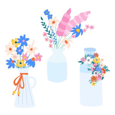 Çiçek vazosu vektör çizimi. Bahar ve yaz çiçekleriyle izole vazolar. Kart dekoru için clipart simgeleri kullan, yaz partisi davetleri, düğün, doğum günü, boho tarzı
