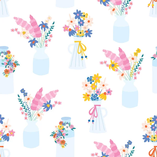Vektorový vzorec květinové vázy. Opakující se vázy na pozadí s jarními a letními divokými květy. Na tkaniny, obaly, tapety, kuchyňské textil, léto, jaro, oslavy, letní party výzdoba — Stockový vektor