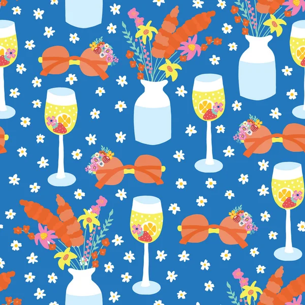Letní zahradní party hladký vektorový vzor. Vinný koktejl, váza s květinami a slunečními brýlemi opakující se pozadí. Divoké květiny a aranžmá skleněných stolů. Letní textil, party stolní dekorace — Stockový vektor