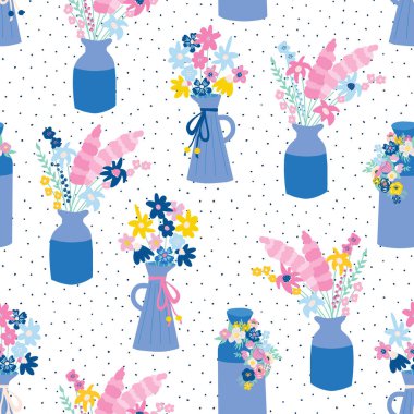 Çiçeksiz vektör desenli vazo. Arka plan çiçek vazolarını bahar ve yaz çiçekleri ile tekrar ediyorum. Kumaş, ambalaj, duvar kâğıdı, mutfak tekstili, yaz, yaz partisi dekorasyonu için.