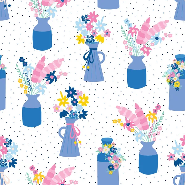 花のシームレスなベクトルパターンで花瓶。春と夏の野花と背景の花の花瓶を繰り返します。ファブリック、包装、壁紙、キッチンテキスタイル、夏、夏のパーティーの装飾のために — ストックベクタ
