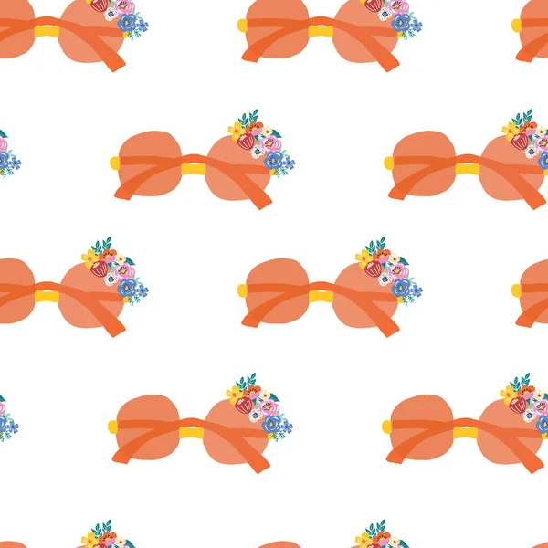 Gafas de sol patrón de vectores sin costura. Sombras rosadas con flores sobre un fondo blanco. Divertido diseño textil de verano estilo boho. Para tela, diseño de patrón de superficie, decoración de verano — Vector de stock