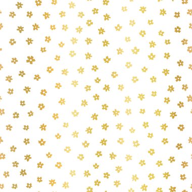 Altın folyo desenli, dikişsiz çiçekler. Beyaz arka planda sahte metalik altın çiçekler. Çiçek arkaplanı tekrarlanıyor. Yaz ya da bahar doğa tasarımı. Zarif ambalaj ve ambalaj için kullan