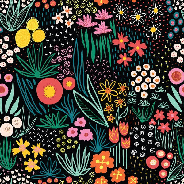 ブラックシームレスベクトルパターン上の花フィールド明るい色。自由のドアの花の牧草地の背景を繰り返す。北欧スタイルのラインアートの花を繰り返します。ファブリック、壁紙、夏の装飾のために — ストックベクタ