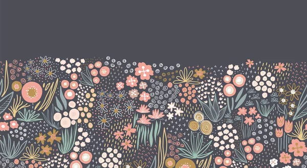 Blumenwiese nahtloser Vektorrand. Viele Blüten in rosa, gold, weiß, teal auf dunklem Hintergrund wiederholen horizontale Muster. Doodle-Linie Kunst für Stoff trimmen, Fuß, Header, Herbst-Dekor — Stockvektor