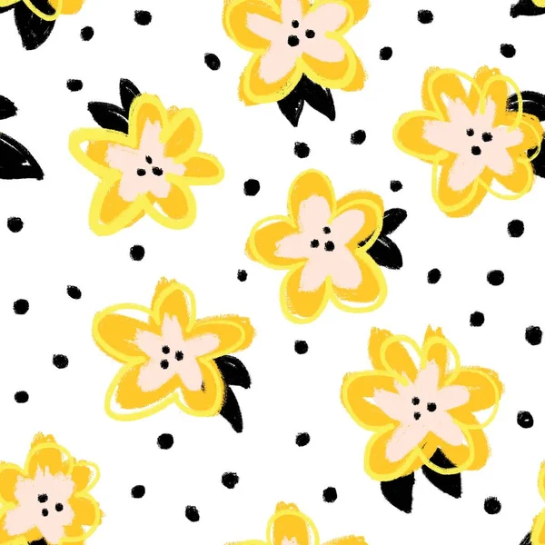 Pintura garabato flores oro amarillo naranja negro patrón sin costura. Repetir el fondo abstracto moderno . — Foto de Stock