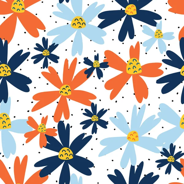 Blue and orange flowers seamless repeating vector pattern. Florals on a black and white spotted background. Scandinavian style flowers for fabric, packaging, home decor