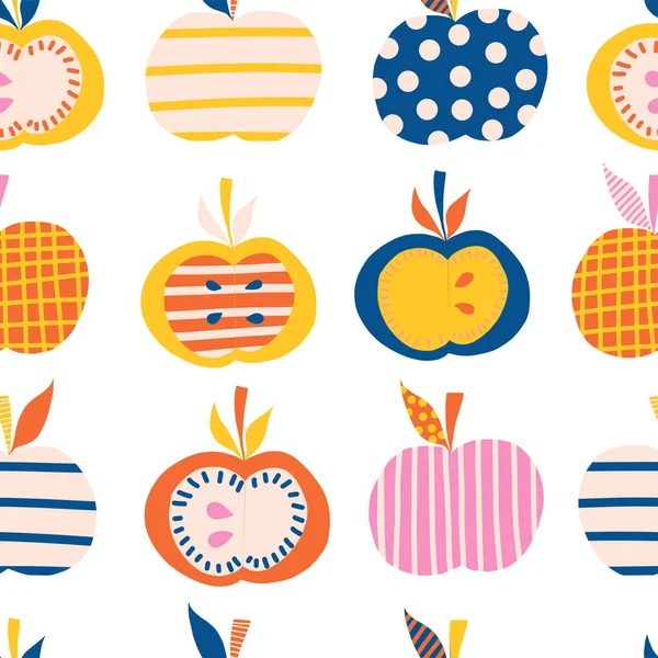 シームレスなベクトルパターンを適用します。かわいい抽象的なリンゴのイラストの背景。青、ピンク、オレンジ、黄色の北欧スタイルの果物。子供製品、子供の装飾、ファブリック、子供のファッションのための使用 — ストックベクタ