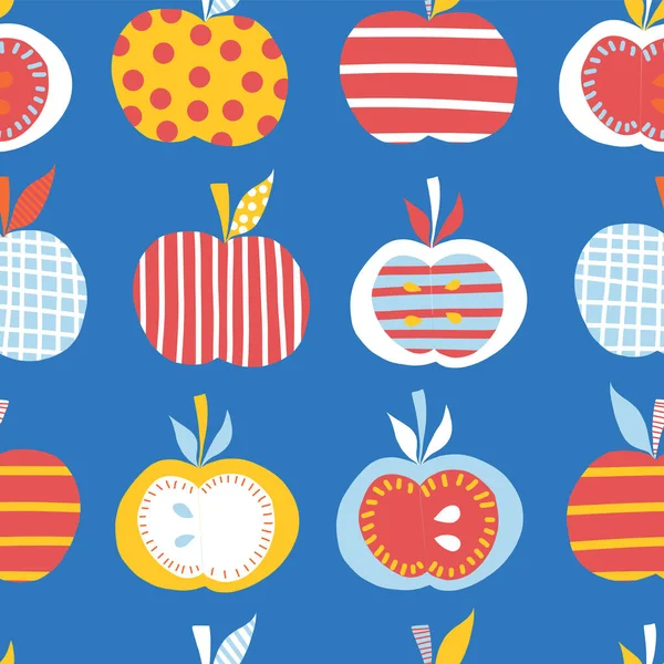 Manzanas patrón de vectores repetitivos sin fisuras. Fondo de ilustración de manzana abstracta linda. Frutos en azul, rojo, blanco, naranja, amarillo estilo escandinavo. Para productos para niños, decoración para niños, tela, moda — Vector de stock