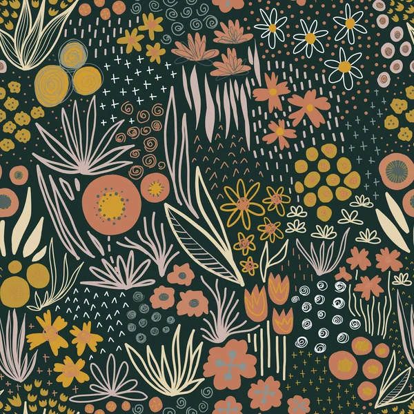 Autumn Flower field fall colors seamless pattern. Repeating liberty doodle flower meadow on a dark background. Repeating Scandinavian style line art florals. For Thanksgiving, fabric, wallpaper — Stock Photo, Image