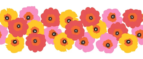 Grandes flores vermelhas rosa e amarelas sem costura borda vetorial. Repetindo padrão floral estilo escandinavo. Flores de papoula. Use para guarnição de tecido, fitas, decoração de verão — Vetor de Stock