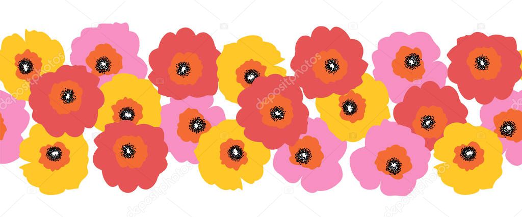 Large red pink and yellow flowers seamless vector border. Repeating floral pattern Scandinavian style. Poppy flowers. Use for fabric trim, ribbons, summer decor