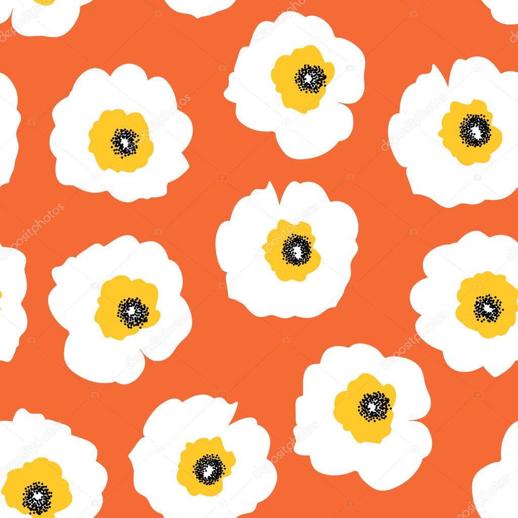 White flowers on orange seamless vector retro pattern. Repeating floral background Scandinavian style. Vintage style. Use for fabric, wallpaper, home decor
