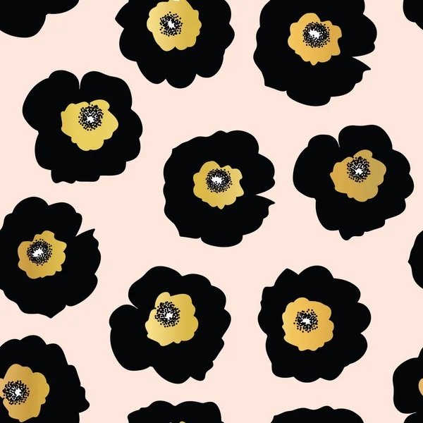 Wiederholte Vektormuster schwarze und goldene Blüten auf rosa Hintergrund. Nahtloses Blumenmuster mit Kunstgold-Folieneffekt. Elegante Blumen im skandinavischen Stil für Stoff, Tapete, Wohnkultur — Stockvektor