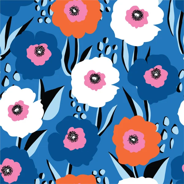 Sömlös vektor mönster stora röda vita och blå blommor. Upprepar blommig bakgrund skandinavisk stil. Används till tyg, tapet, 4 juli inredning — Stock vektor