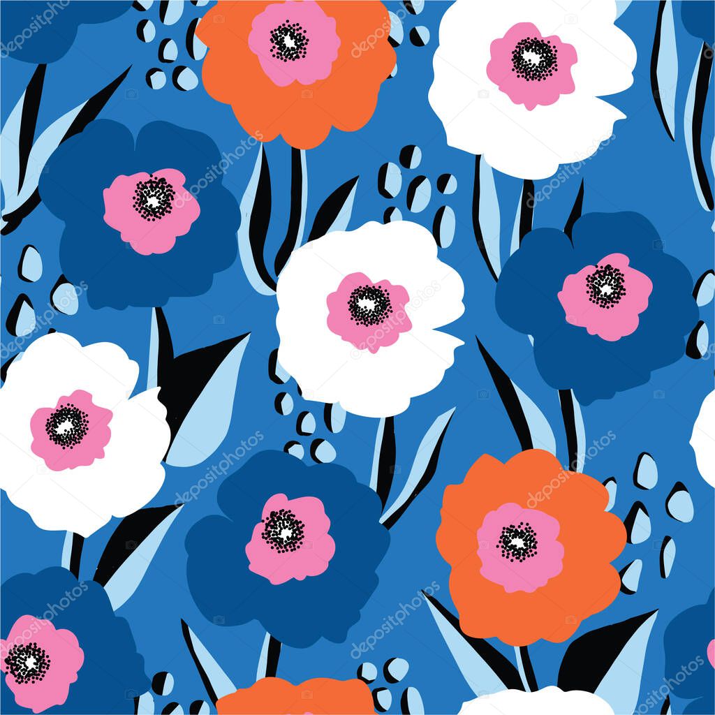 Seamless vector pattern large red white and blue flowers. Repeating floral background Scandinavian style. Use for fabric, wallpaper, 4th of July decor