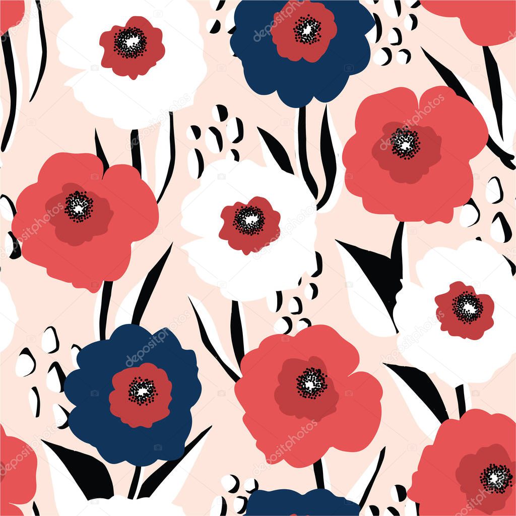 Seamless vector background large red white and blue florals. Repeating poppy flower background Scandinavian style. Use for fabric, wallpaper, 4th of July decor