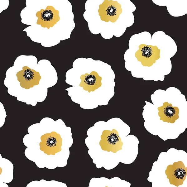 Απρόσκοπτη διανυσματικό μοτίβο λευκά και χρυσά λουλούδια σε μαύρο φόντο. Απρόσκοπτη floral σχέδιο με faux χρυσό φύλλο αποτέλεσμα. Σκανδιναβικό στυλ κομψά λουλούδια για ύφασμα, ταπετσαρία, διακόσμηση σπιτιού — Διανυσματικό Αρχείο