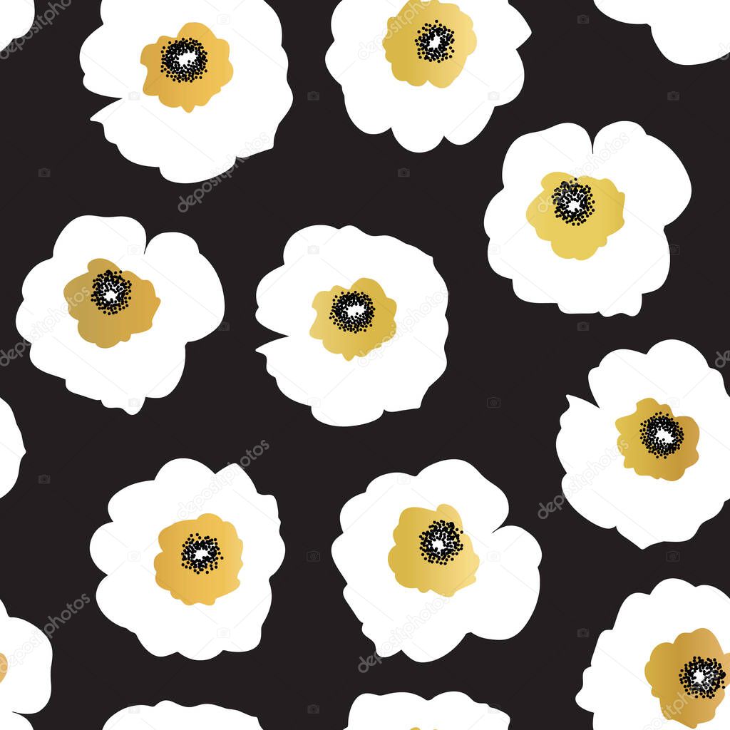 Seamless vector pattern white and golden flowers on a black background. Seamless floral pattern with faux gold foil effect. Scandinavian style elegant florals for fabric, wallpaper, home decor
