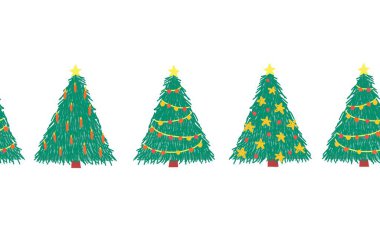 Noel ağaçları tekrar eden sınırlar. Noel dekorasyonu, afişler, kurdeleler, tebrik kartları, dijital yapıştırma defteri, dipnot, başlık, bölücü için el yapımı kış tatili tasarımı