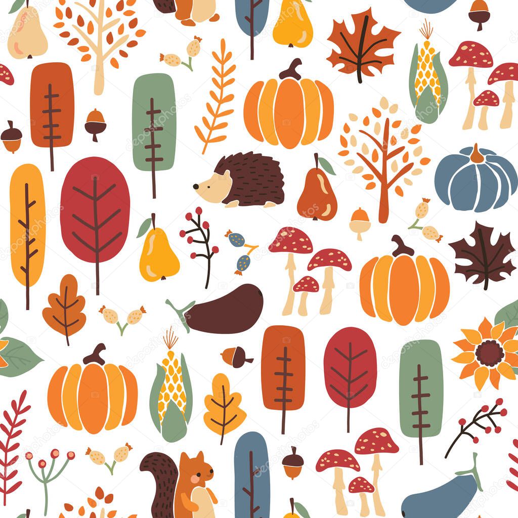 Thanksgiving Autumn seamless vector pattern. Repeating fall background hedgehog, squirrel corn tree pumpkin pear sunflower acorn. Harvest festival. Use for fabric, Thanksgiving decor, fall, autumn