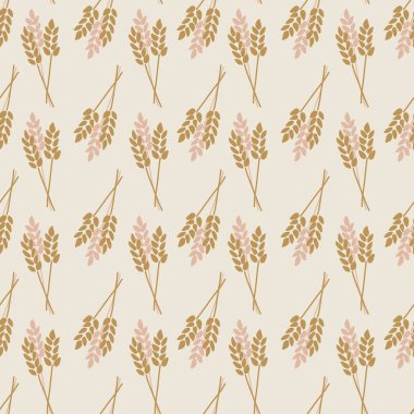 Kırpılmış Yulaf Ezmesi Arpa Çavdar bitkisi kusursuz vektör arka planı. Stilize sonbahar doğa illüstrasyonu. Pembe kahverengi altın soyut sonbahar desenli düz çizgi film tarzı. Kumaş, dekor, ambalaj, Şükran Günü için.